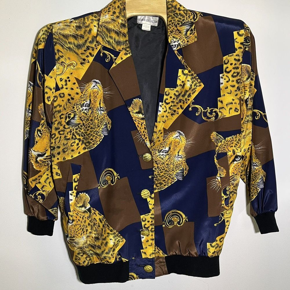 Vintage 90's 3X Navy Cheetah Gold Button Blazer Jacket‎ Art Rainbow Collection